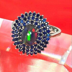 925 Sterling Silver Ring Sz 6.75 with Natural Black Opal 6x8mm and Sapphire Gems